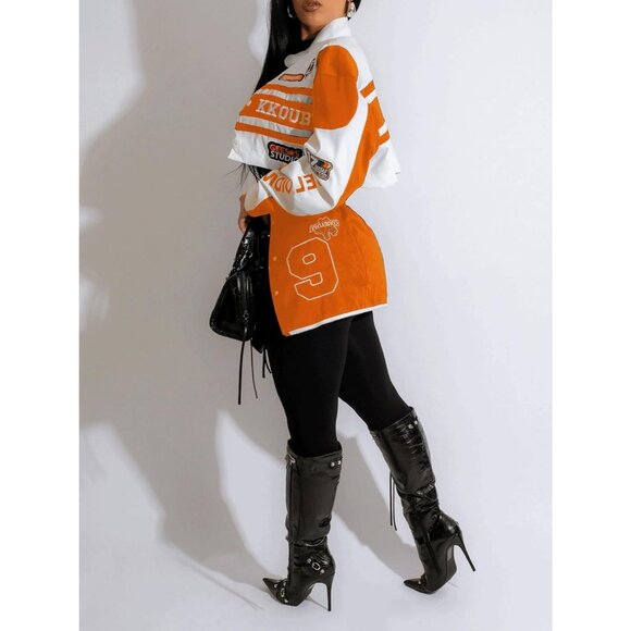 Women Varsity Jacket Motorcycle Racer Detachable Letter Graphic Jackets Orange - Picture 5 of 5